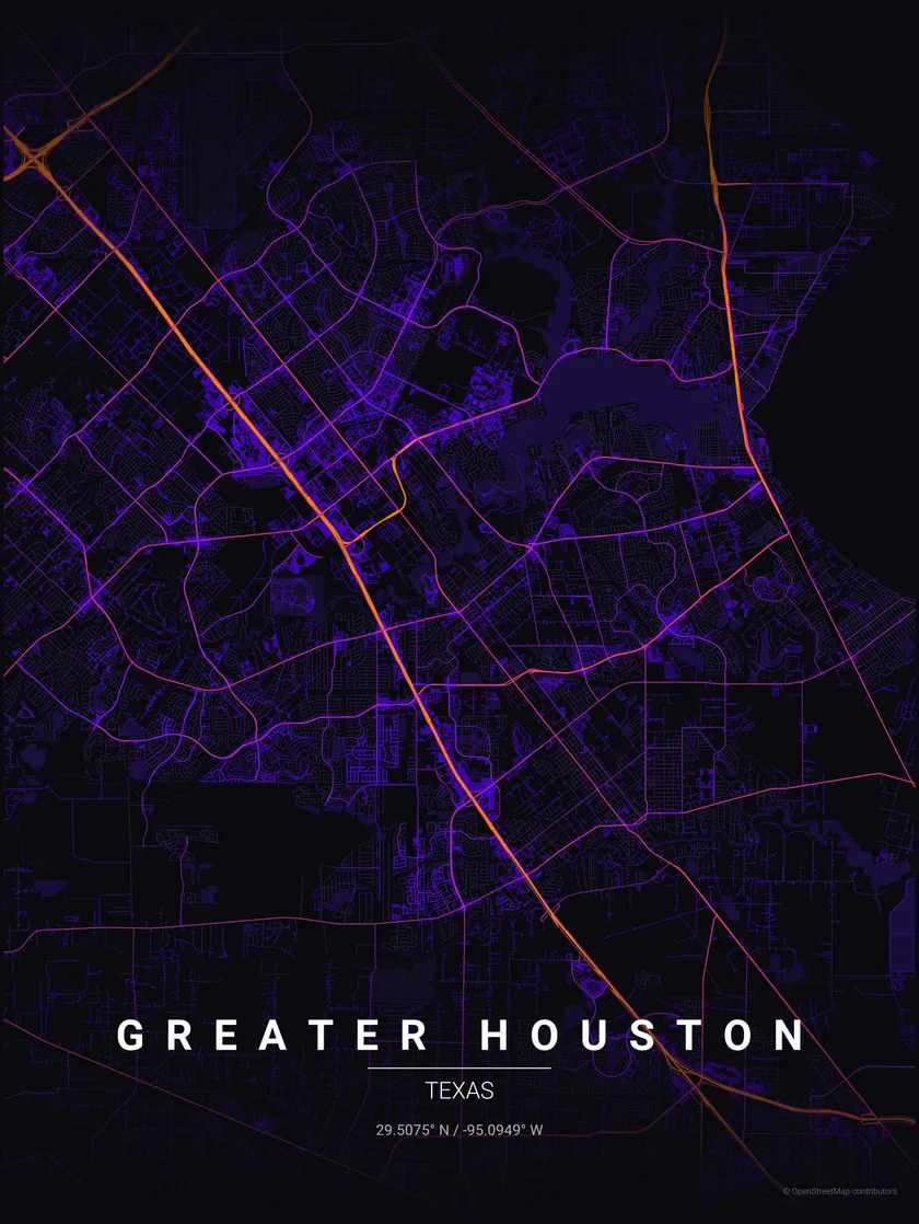 Street map of Greater Houston centred on League City, Texas, marking the areas New Horizon members come from